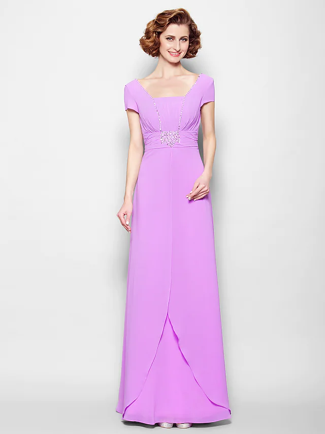 Close-up of the square neckline and short sleeve of the Mother of the Bride gown.