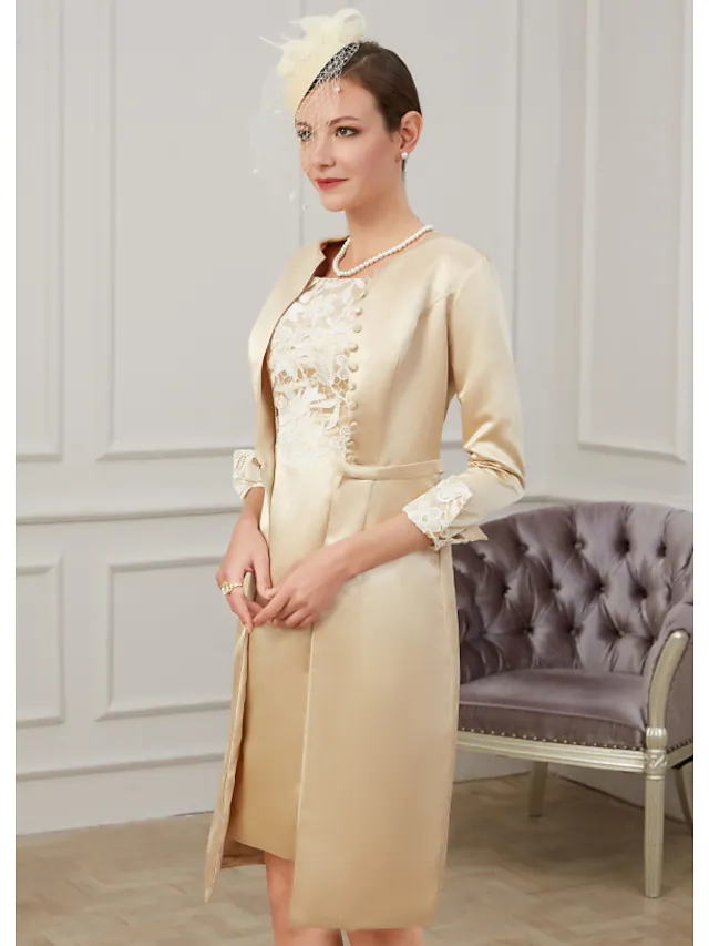 Elegant Plus Size Mother of the Bride dress with jewel neck and 3/4 lace sleeves.