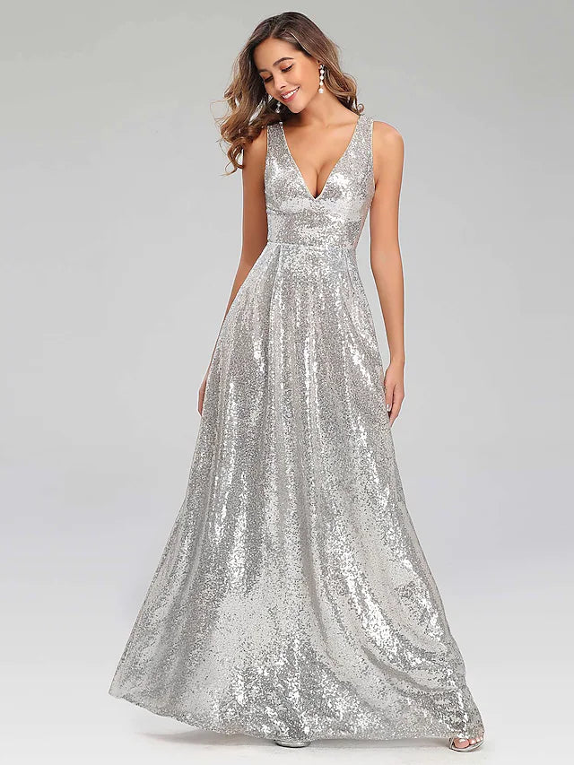 Side profile of the elegant A-line V-neck sequin gown.