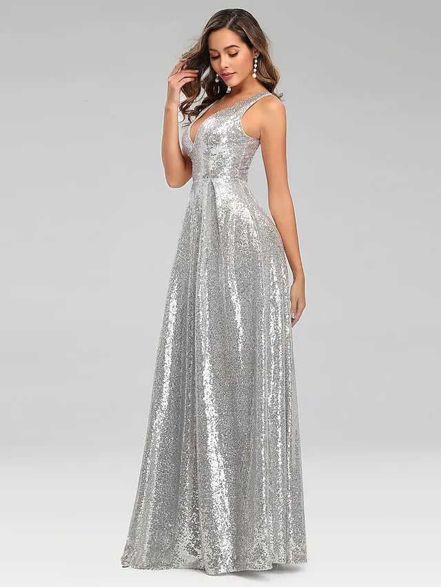 Close-up of the sequin embellishments on the A-line prom dress fabric.