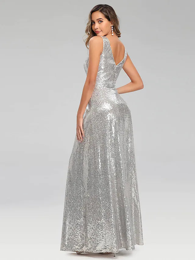 Full length view of the sleeveless A-line sparkle dress, suitable for formal events.