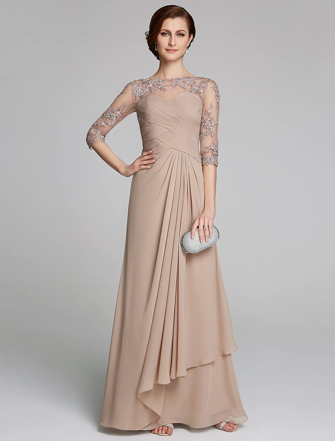 Elegant A-line Mother of the Bride dress with boat neck and 3/4 sleeves.