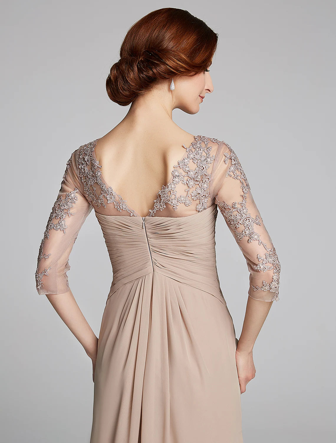 Side profile of the Mother of the Bride dress, showing flowy skirt.