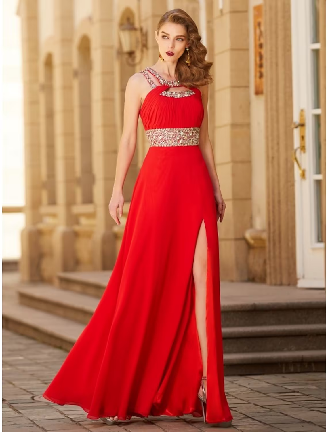 Close-up of the halter neckline and sparkling details on the evening gown.
