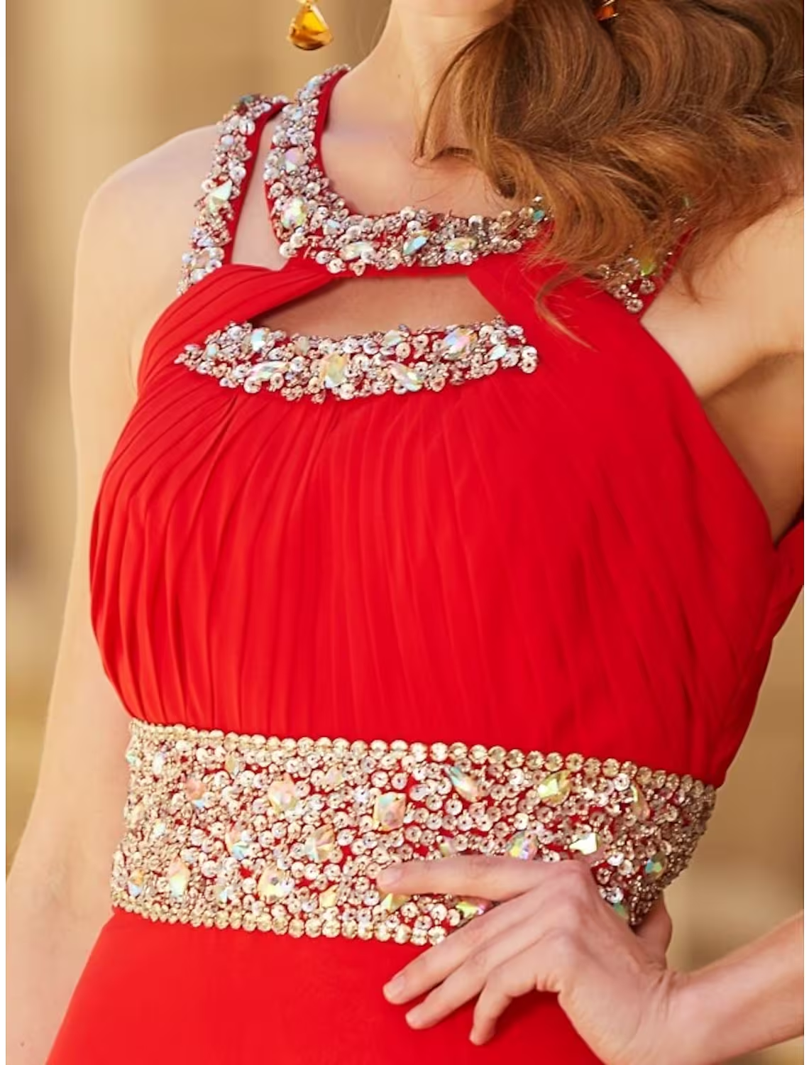 Full view of the A-line floor-length evening gown, highlighting the elegant slit.