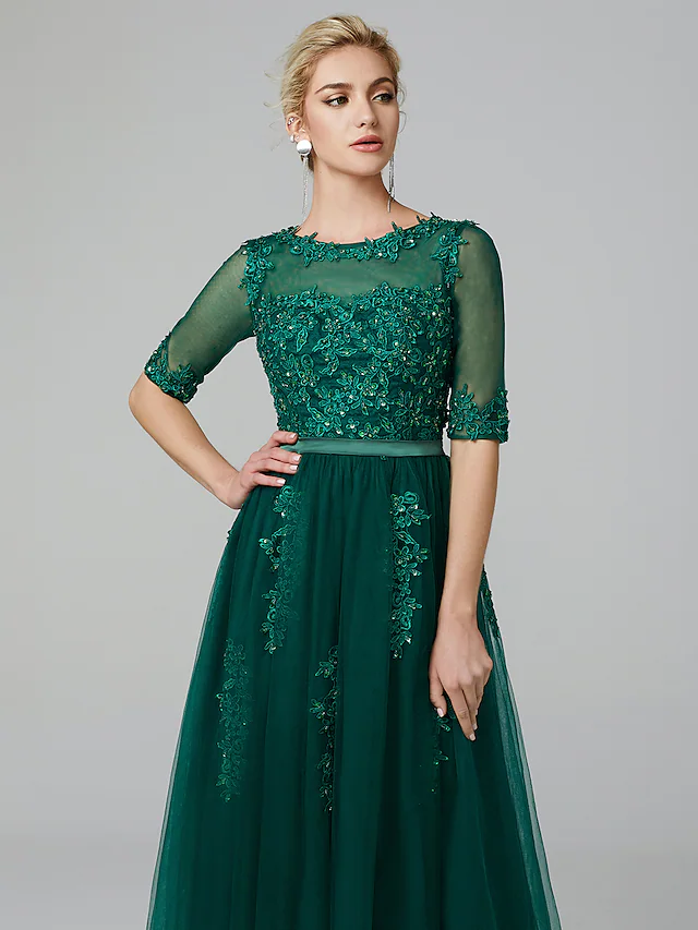 Back view of the A-line formal evening dress.