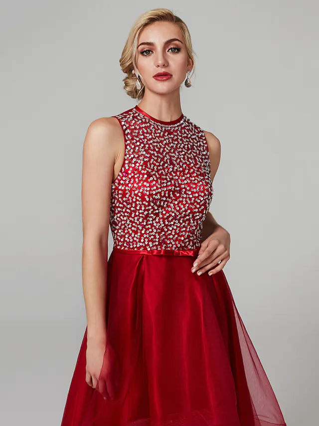 Back view of A-line satin dress featuring a jewel neck and subtle bow.