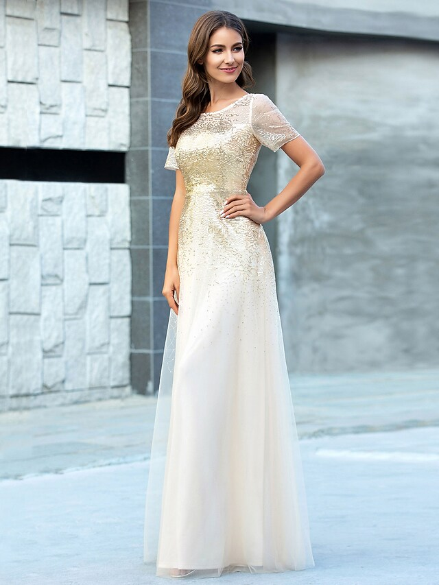 Side view of elegant A-Line bridesmaid dress with jewel neck.