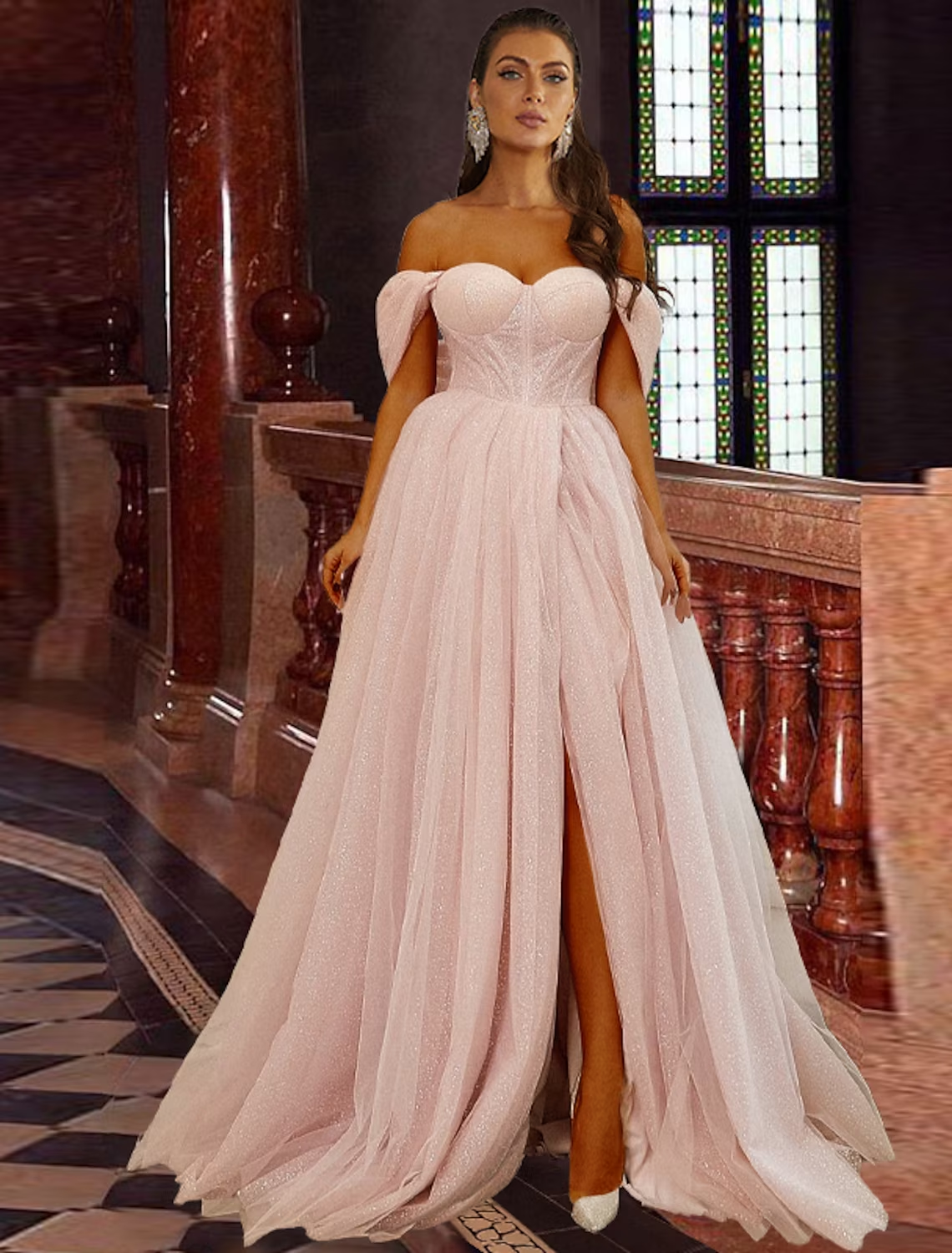 Sparkling A-Line off-shoulder prom dress with glitter tulle and slit.
