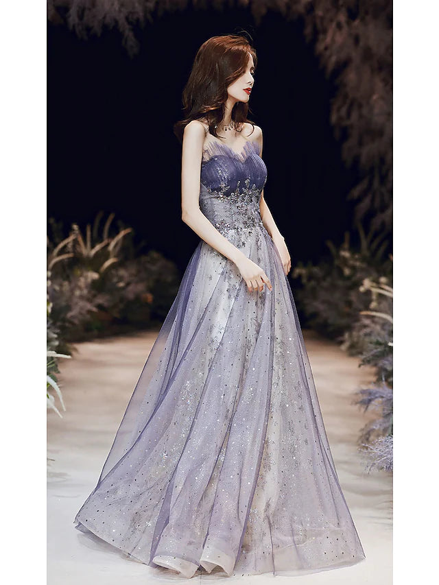 Elegant A-line strapless satin gown with sparkling details.