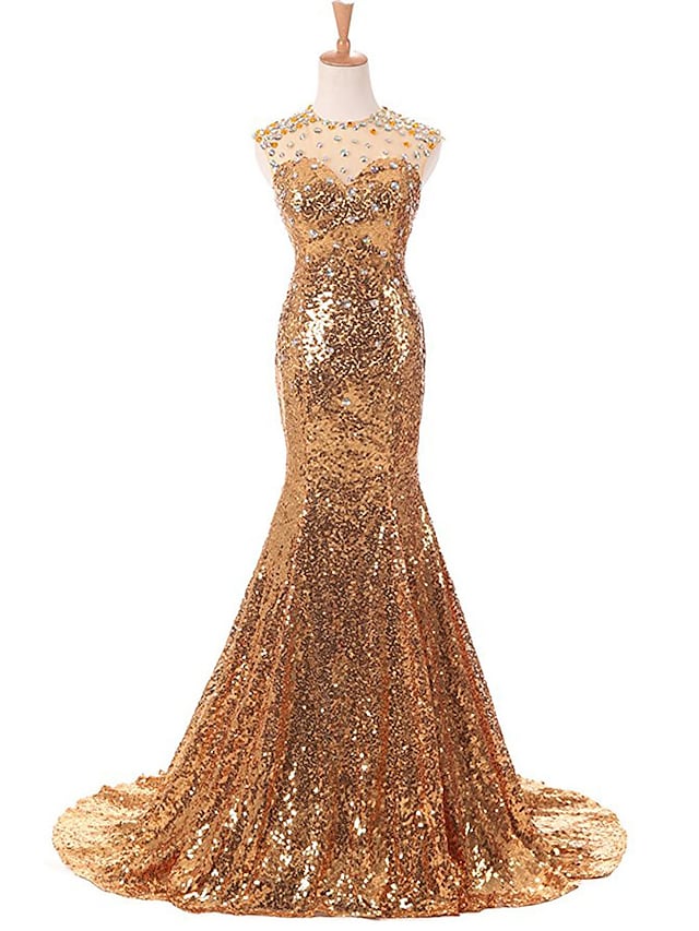 Sparkling mermaid trumpet prom dress with jewel neck and sequin embellishments.