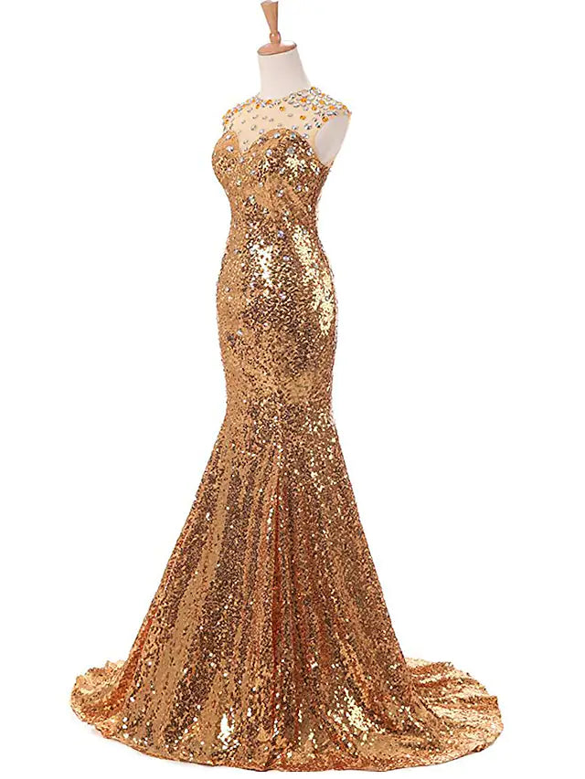 Close-up of sequin and beading details on a mermaid prom dress.