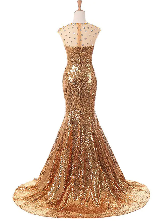 Side profile of a sleeveless jewel neck sequined prom dress.