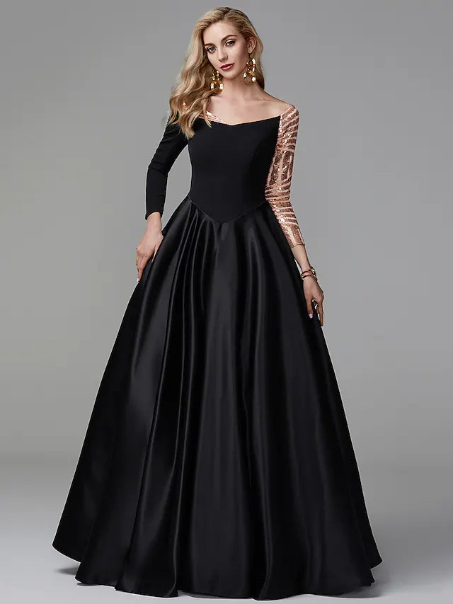 Back view of a sparkling off-shoulder long sleeve ball gown.