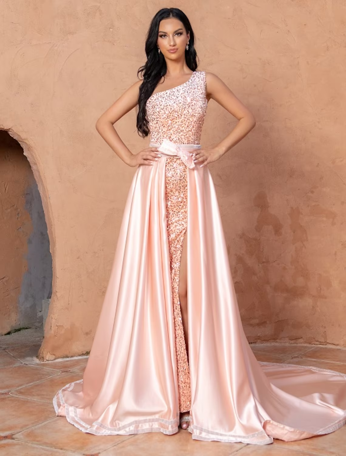 Sparkling one-shoulder mermaid trumpet cocktail dress with sequin overskirt and court train.