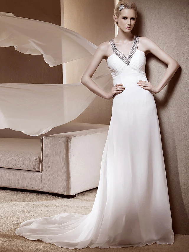 Close-up of the V-neck bodice and sparkling details on the A-Line wedding gown.