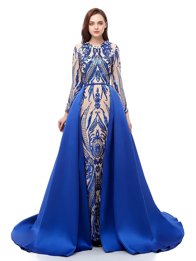 Close-up of sequined fabric and jewel neckline of the formal gown.