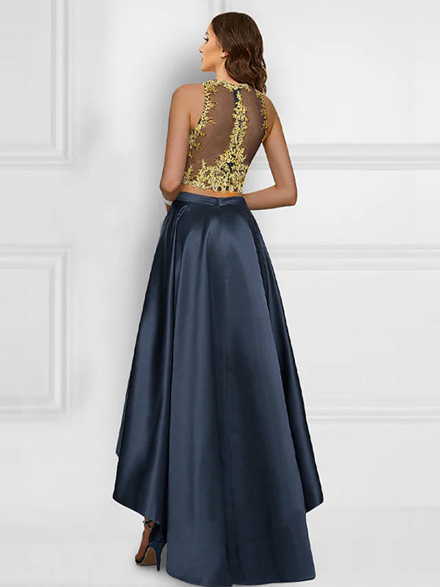 Back view of the sparkling two-piece jewel neck dress.