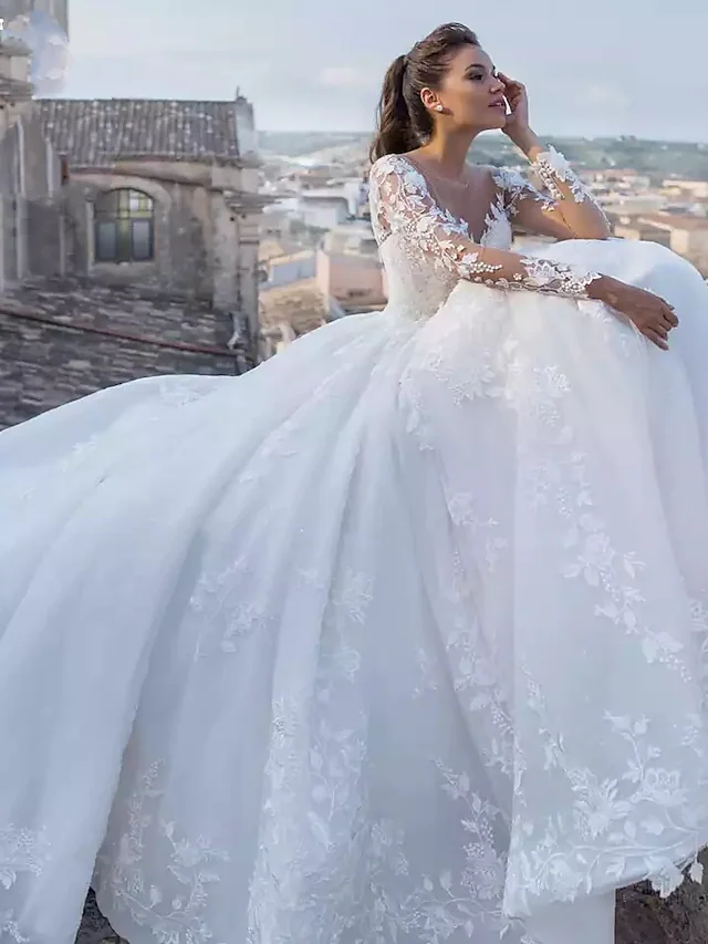 Close-up of the V-neckline and lace appliques on the long illusion sleeve of the wedding dress.