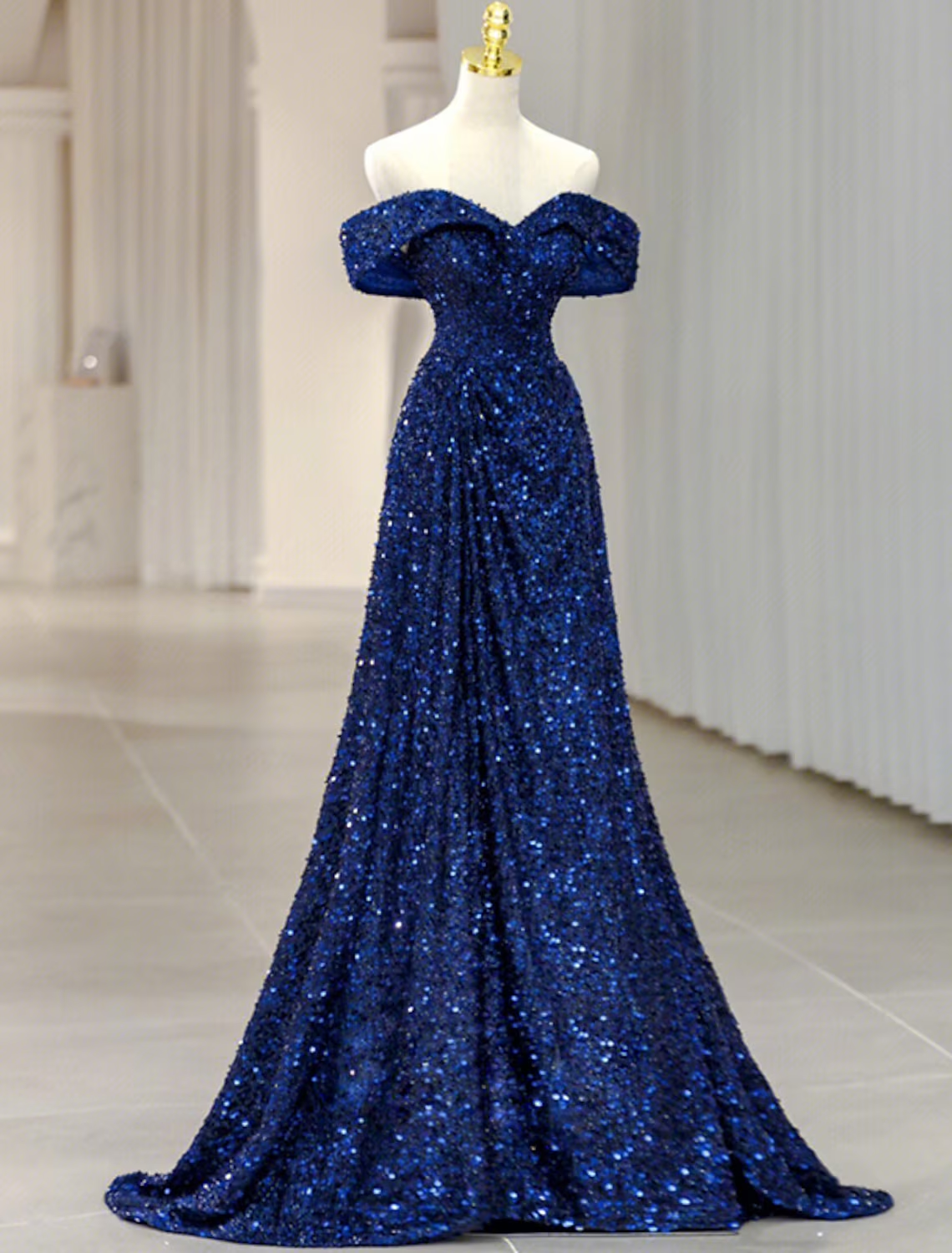 A-Line off-shoulder evening gown with sequins and glitter, front view.