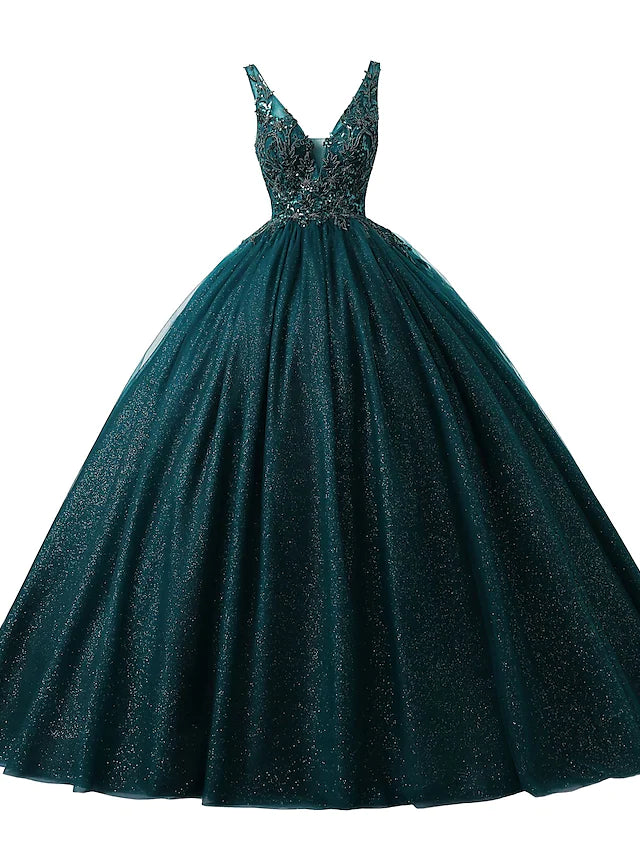 Front view of a woman wearing a sparkly V-neck ball gown with sequin appliques.