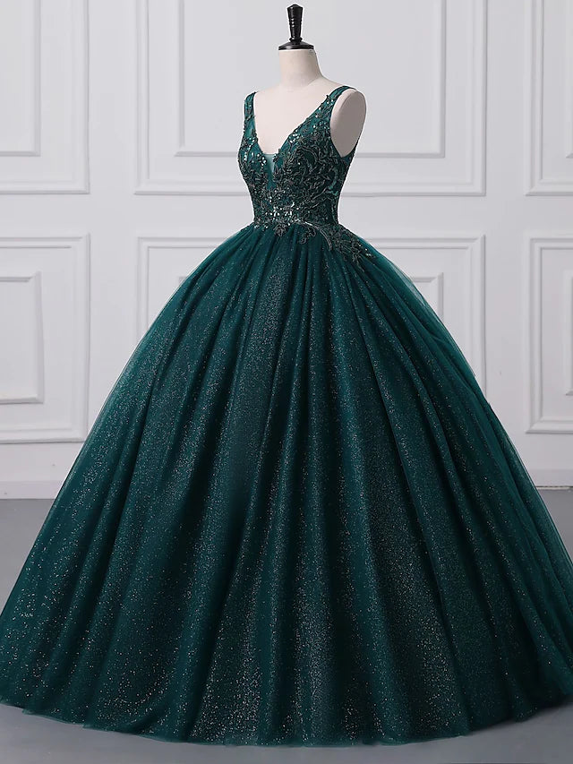 Close-up of the sequin applique and V-neckline on the sparkly ball gown.