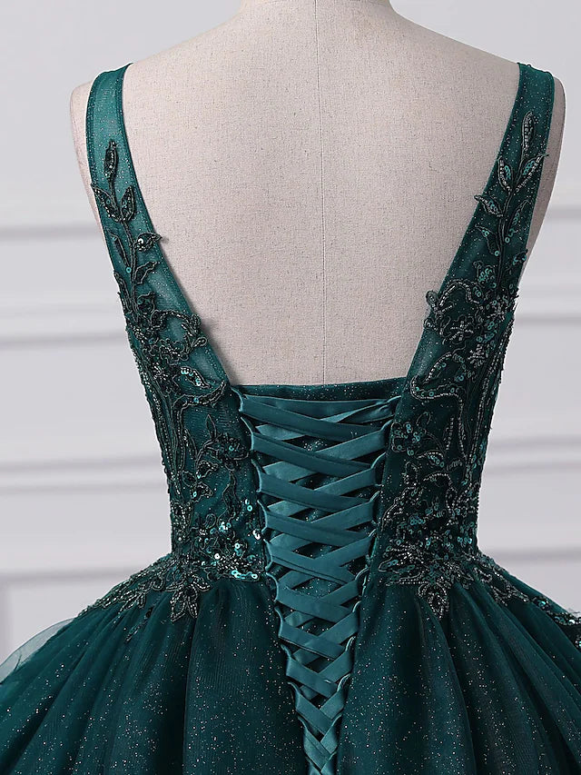 Elegant V-neck ball gown with sequin details, suitable for formal events.