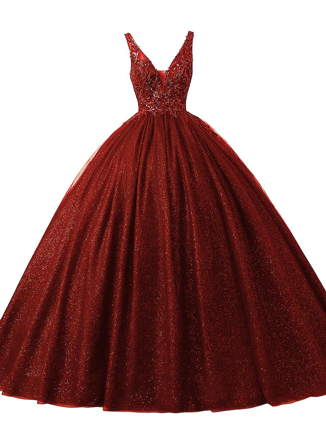 Full length view of the sparkly ball gown, showcasing its voluminous silhouette.