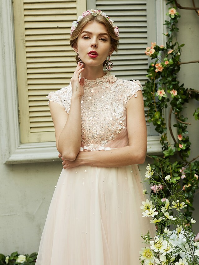 A-Line Wedding Dresses High Neck Sweep  Brush Train Tulle Short Sleeve Open Back with Bowknot Sash  Ribbon Beading
