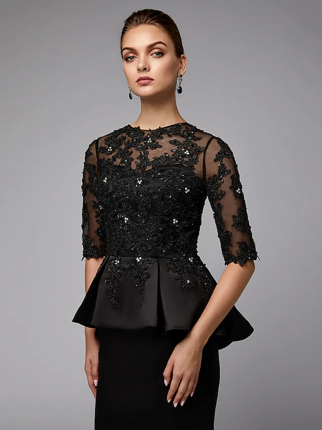 Mother of the Bride Dress Sexy See Through Jewel Neck  Lace Satin Half Sleeve with Beading Appliques