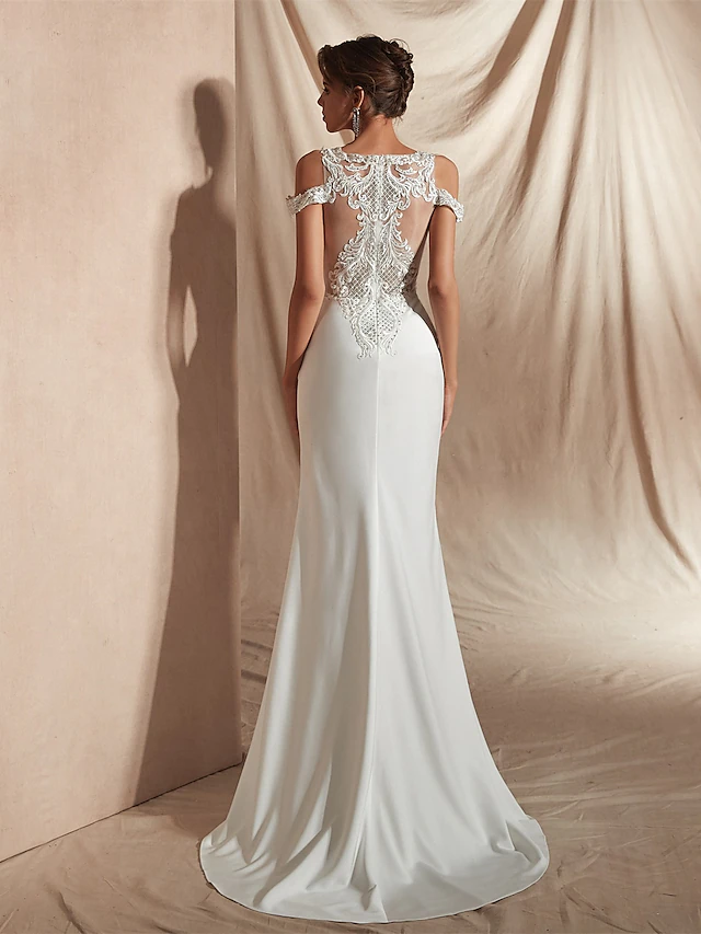 Mermaid Trumpet Wedding Dresses V Neck Asymmetrical Matte Satin Short Sleeve Casual Sexy Illusion Detail Modern with Appliques