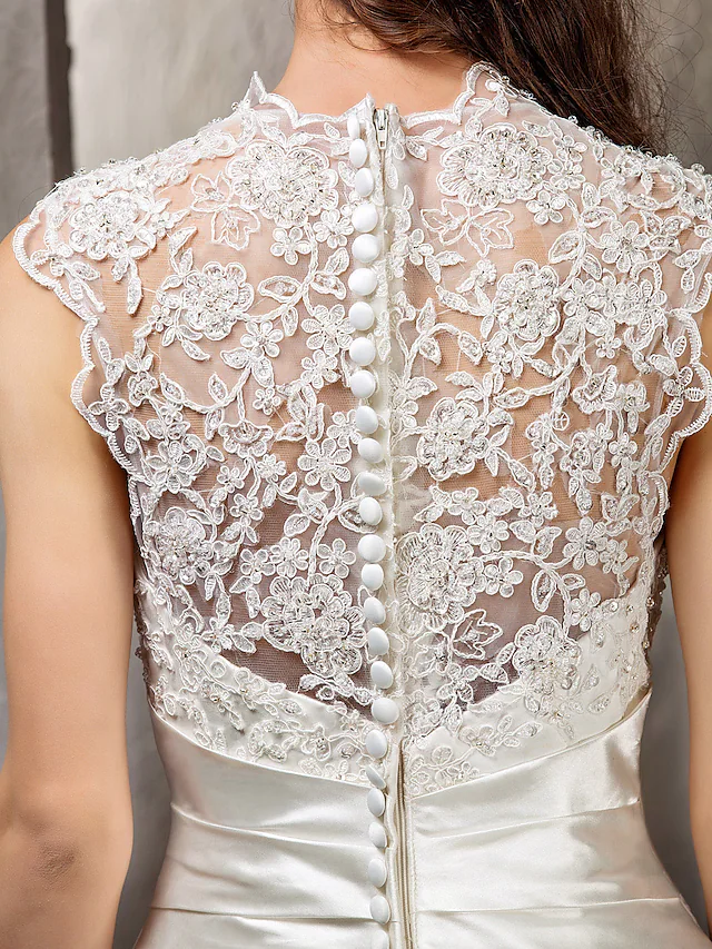 A-Line Wedding Dresses Queen Anne  Lace Satin Sleeveless See-Through with Sash  Ribbon Beading Appliques