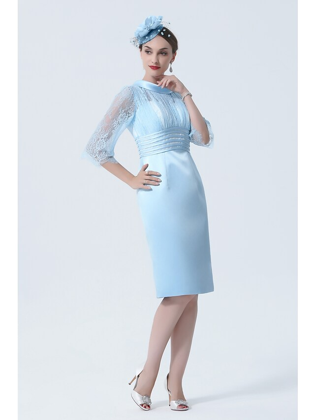 Mother of the Bride Dress See Through Jewel Neck Knee Length Charmeuse Half Sleeve with Lace Sash  Ribbon