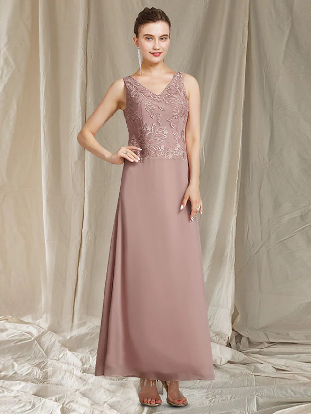 Mother of the Bride Dress Elegant Wrap Included V Neck Ankle Length Chiffon Lace Sleeveless with Beading Appliques