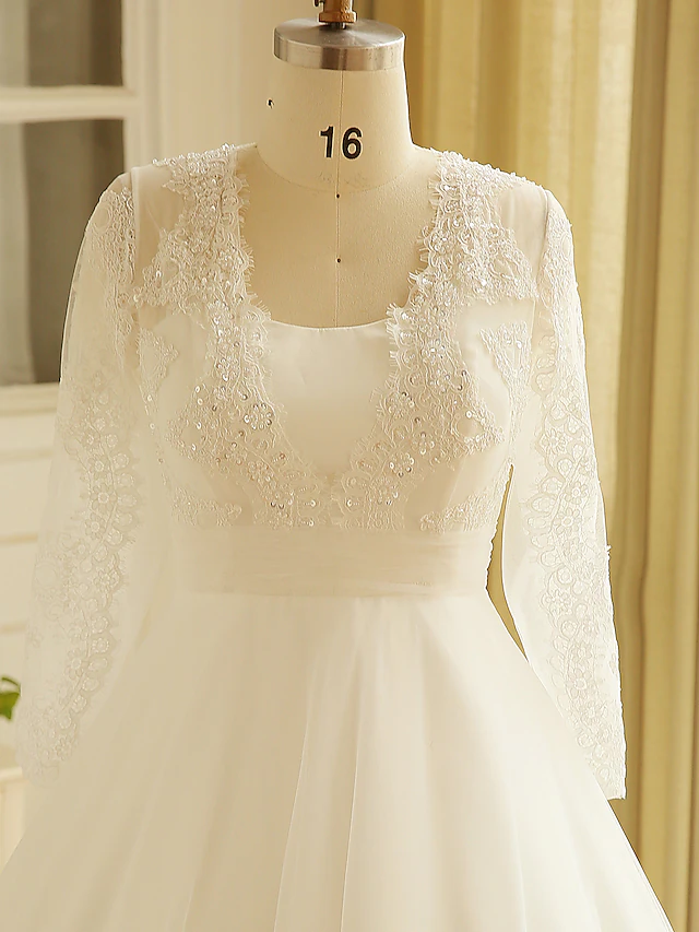 A-Line Wedding Dresses Jewel Neck Court Train Lace Long Sleeve Country Illusion Sleeve