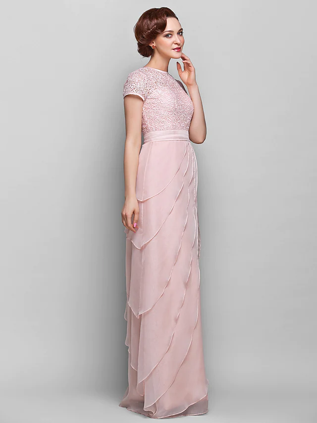 Mother of the Bride Dress Jewel Neck Floor Length Chiffon Lace Short Sleeve with Lace Ruffles