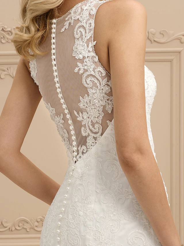 Wedding Dresses Bateau Neck  All Over Lace Regular Straps Sexy Illusion Detail Backless with Beading Appliques