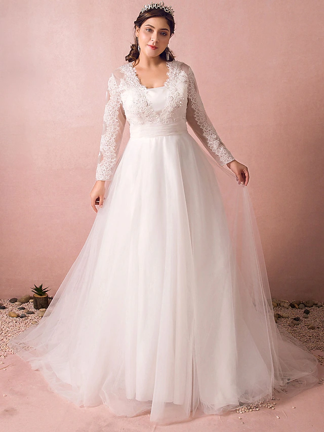 A-Line Wedding Dresses Jewel Neck Court Train Lace Long Sleeve Country Illusion Sleeve