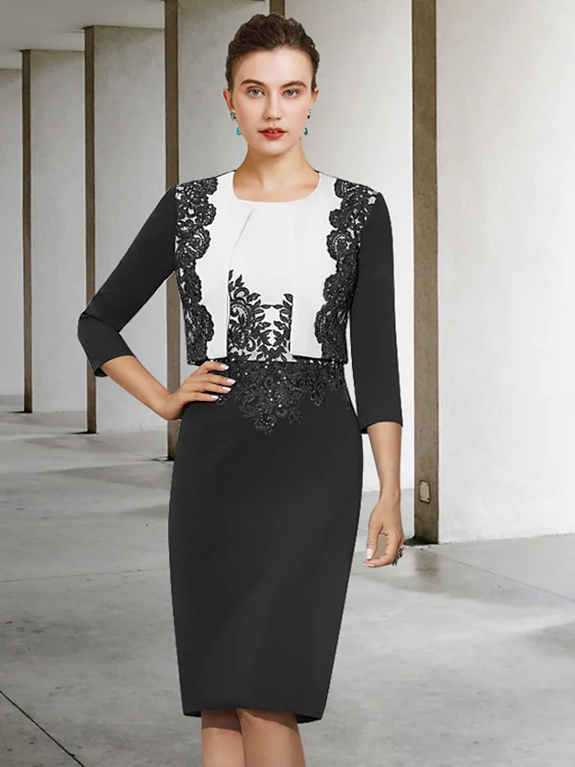 Kleid für die Brautmutter, elegant, mit Rundhalsausschnitt, knielang, Spitze, Stretchstoff, halbe Ärmel mit Applikationen