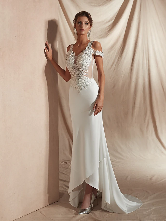 Mermaid Trumpet Wedding Dresses V Neck Asymmetrical Matte Satin Short Sleeve Casual Sexy Illusion Detail Modern with Appliques