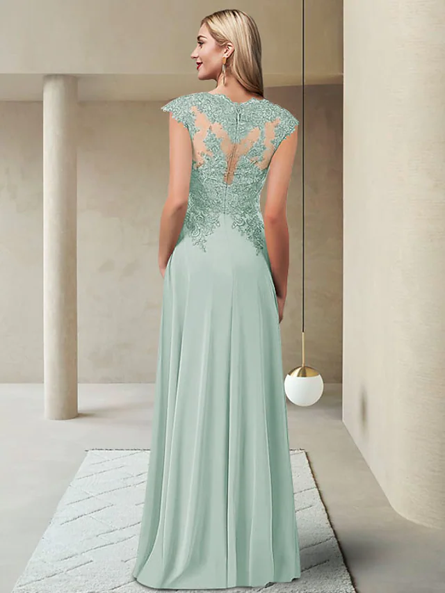 Kleid für die Brautmutter, elegant, mit Rundhalsausschnitt, bodenlang, Chiffon, Spitze, kurze Ärmel, mit Faltenapplikationen