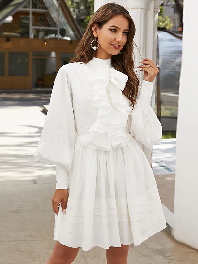 A-Line Elegant Vintage Party Wear Wedding Guest Valentine's Day Dress High Neck Long Sleeve Short  Mini Cotton with Ruffles