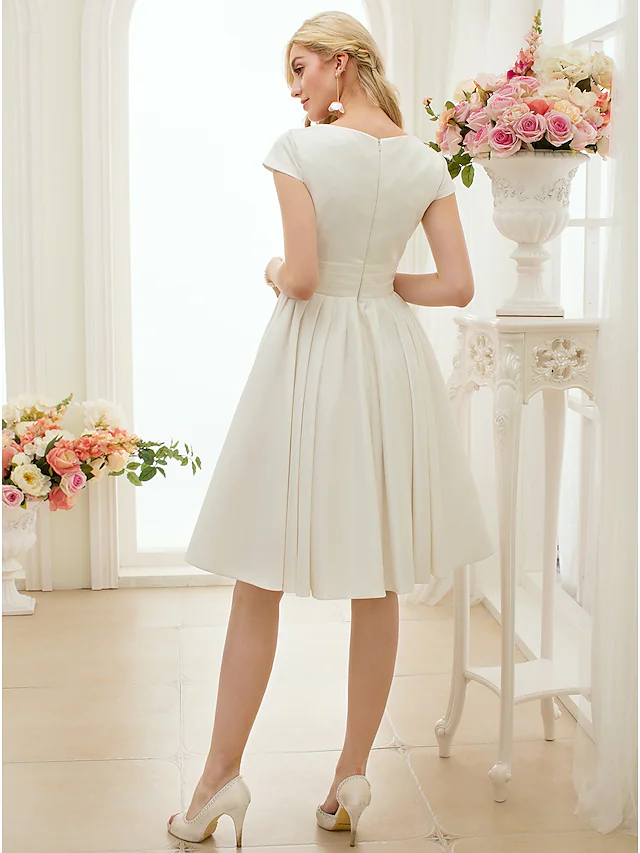 A-Line Wedding Dresses Jewel Neck Knee Length Satin Short Sleeve Formal Simple Casual Little White Dress with Sash  Ribbon