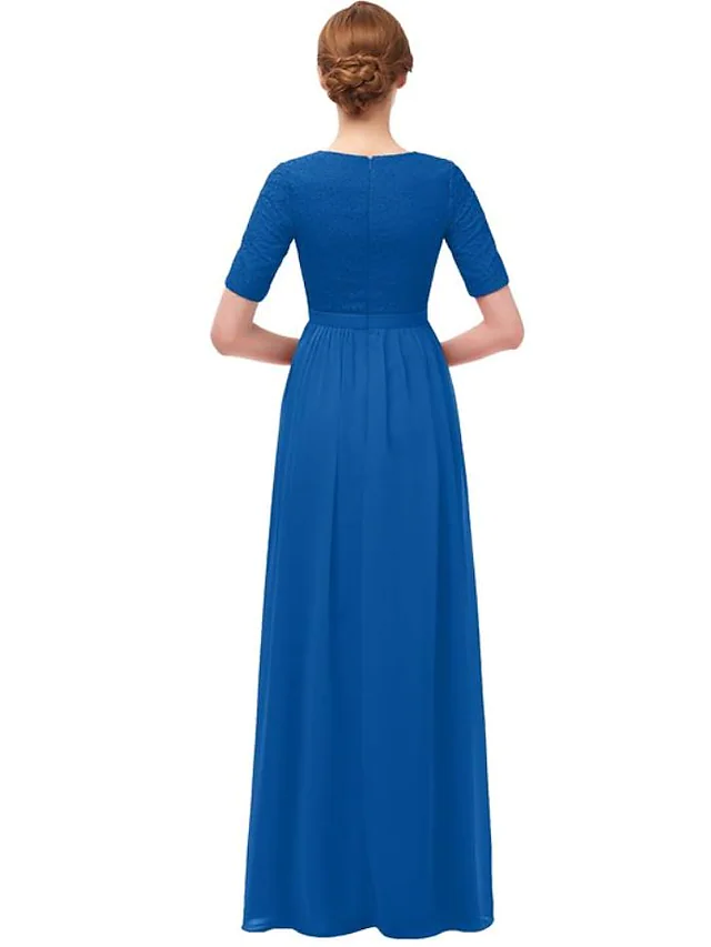 A-Linie, bodenlanges Chiffon-Brautjungfernkleid mit Falten, Rüschen, Schlitz vorne