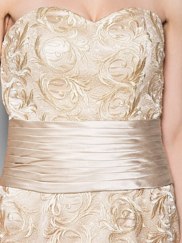 Mother of the Bride Dress Wrap Included Sweetheart Neckline Floor Length Lace Satin 3/4 Length Sleeve with Sash  Ribbon Ruched