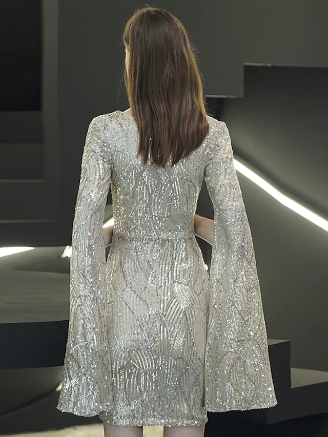 Sparkle Elegant Homecoming Cocktail Party Dress V Neck Long Sleeve Short  Mini Sequined with Sequin Split