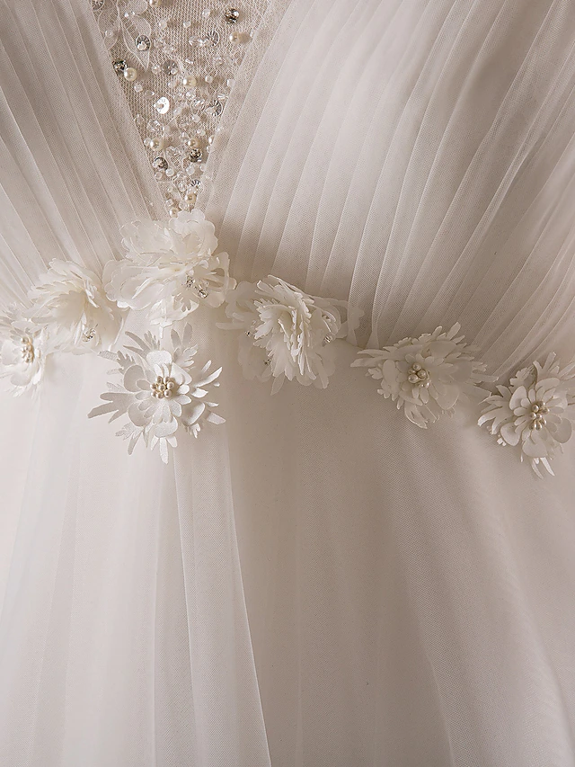 A-Line Wedding Dresses V Neck Floor Length Lace Satin Tulle Half Sleeve Formal Plus Size with Pearls Beading Appliques