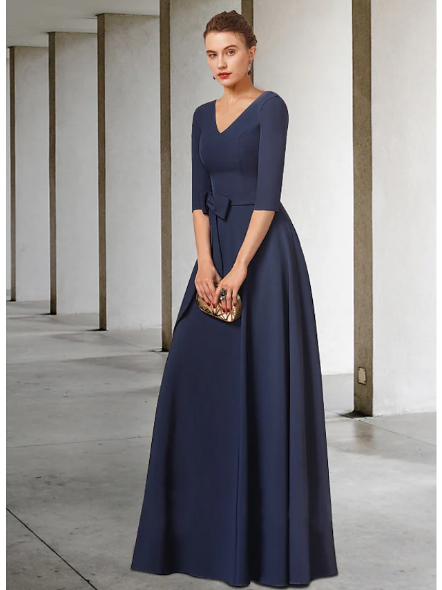 Kleid für die Brautmutter, elegant, V-Ausschnitt, bodenlang, Stretch-Stoff, halbe Ärmel, mit Schärpe, Band, Schleife(n), Falten