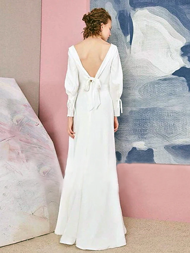 A-Line Wedding Dresses V Neck Floor Length Chiffon Long Sleeve Simple Vintage with Bow(s)