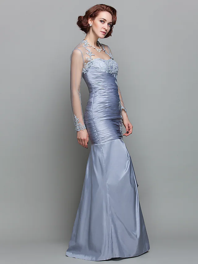 Mother of the Bride Dress Wrap Included Strapless Floor Length Lace Taffeta Long Sleeve with Ruched Beading Appliques
